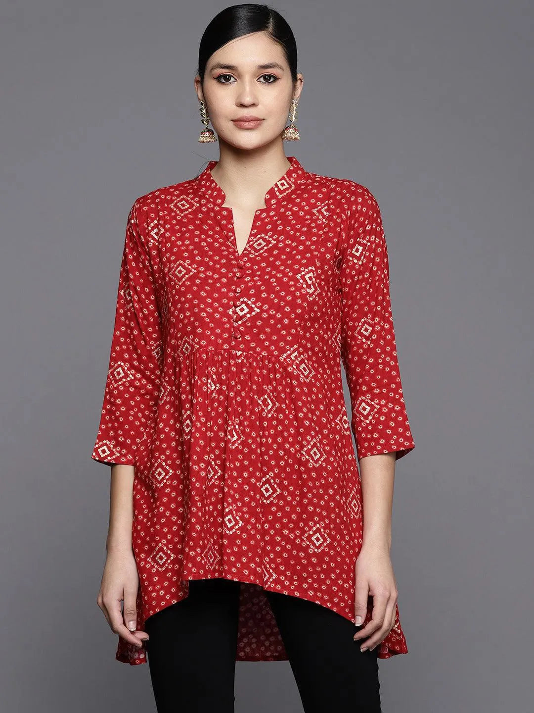 Red Printed Rayon A-Line Kurti - Jashvi