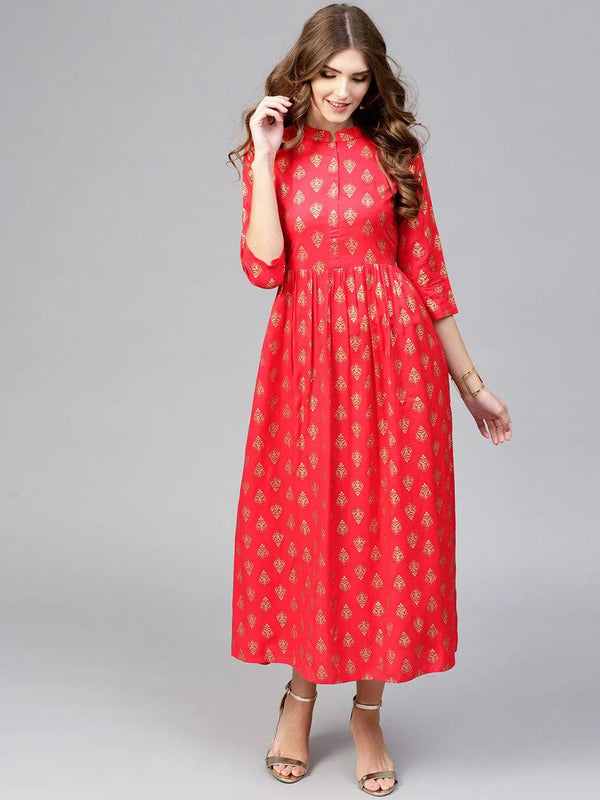 Red Printed Rayon Dress - Jashvi