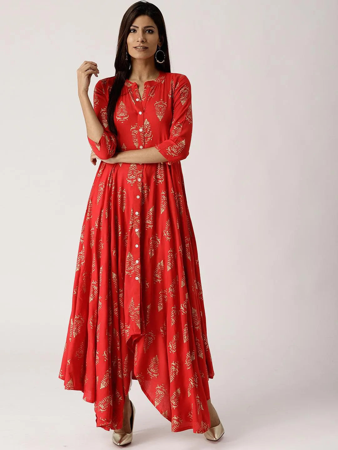 Red Printed Rayon Dress - Jashvi