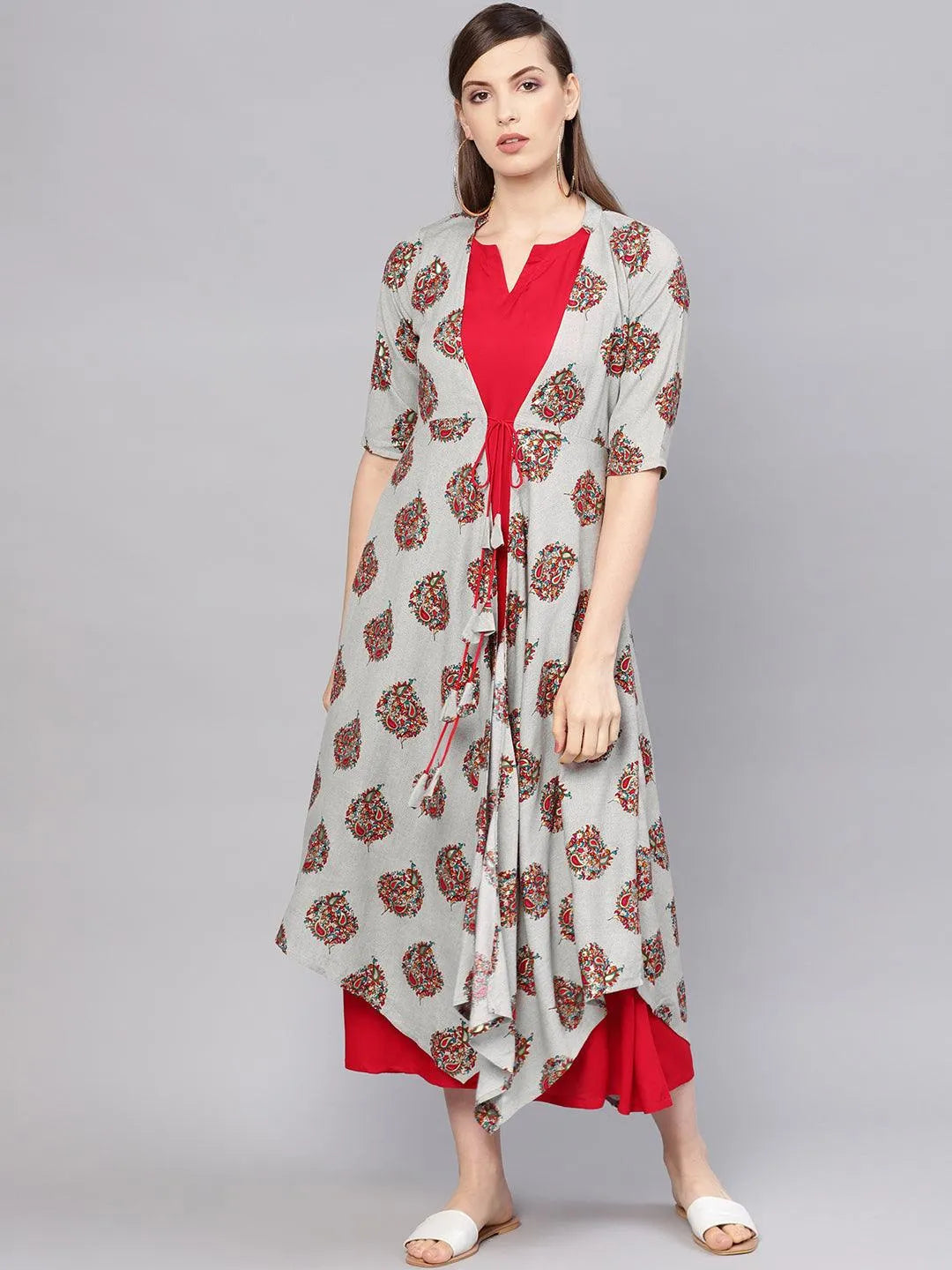 Red Printed Rayon Dress With Jacket - Jashvi