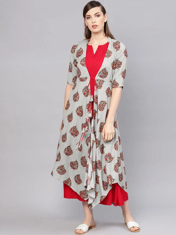 Red Printed Rayon Dress With Jacket - Jashvi