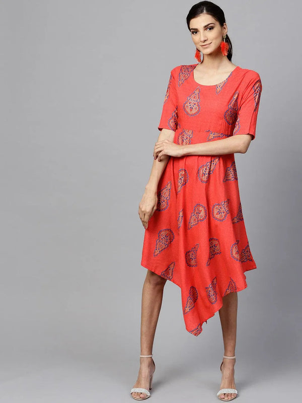 Red Printed Rayon Dress With Jacket - Jashvi