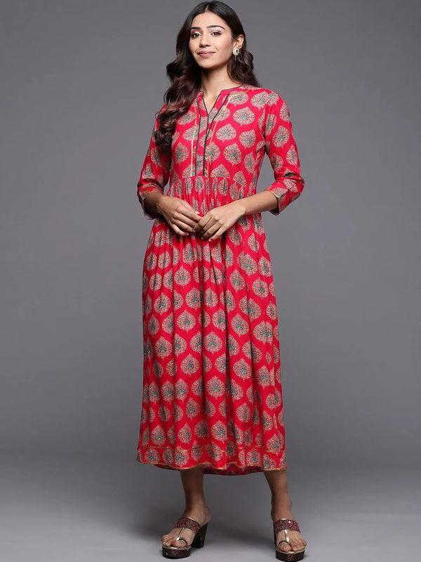 Red Printed Rayon Fit and Flare Dress - Jashvi