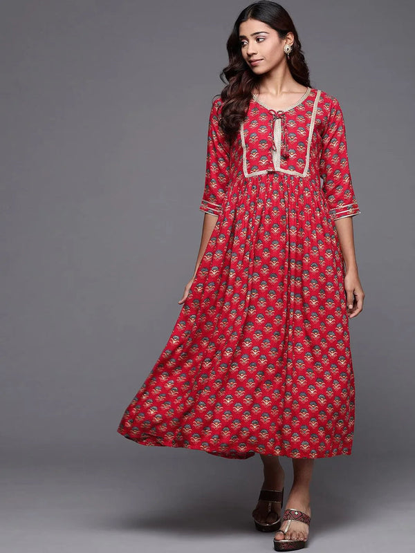 Red Printed Rayon Fit and Flare Dress - Jashvi