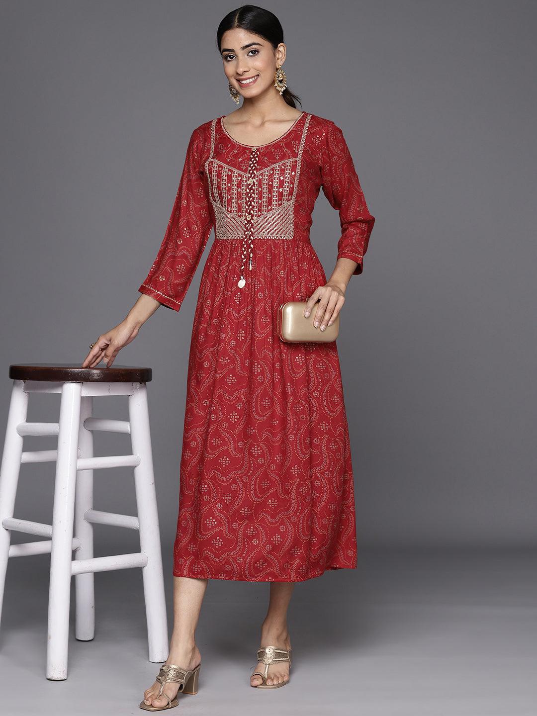 Red Embellished Rayon Fit and Flare Dress - Jashvi