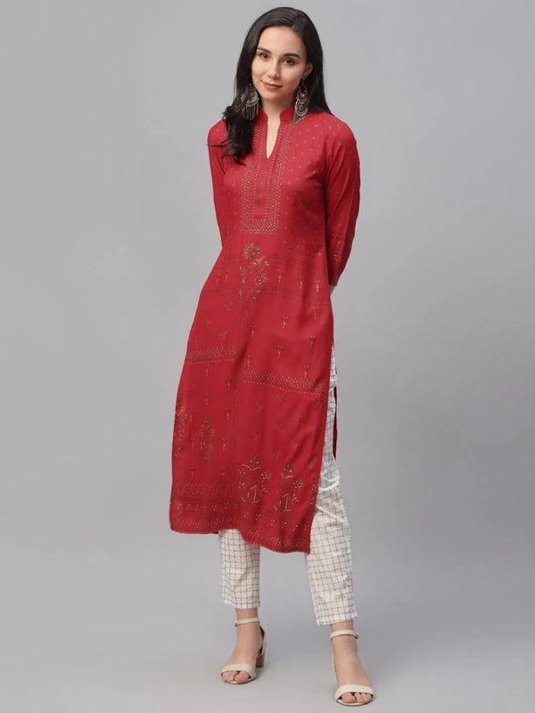 Red Printed Rayon Kurta - Jashvi