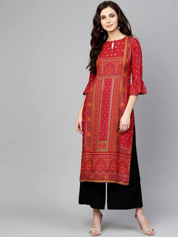 Red Printed Rayon Kurta - Jashvi