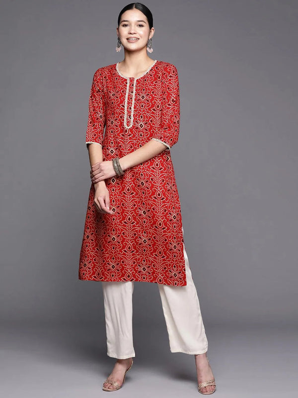 Red Printed Rayon Straight Kurta - Jashvi