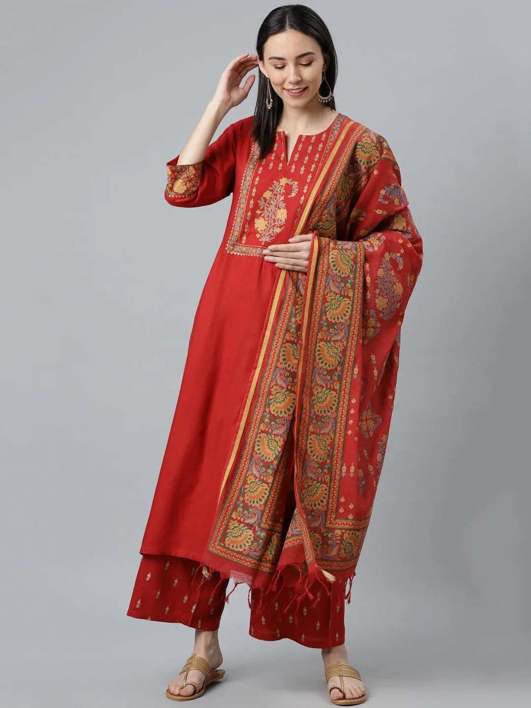 Red Printed Rayon Suit Set - Jashvi