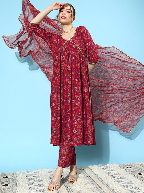 Red Printed Silk Blend A-Line Kurta With Trousers & Dupatta - Jashvi