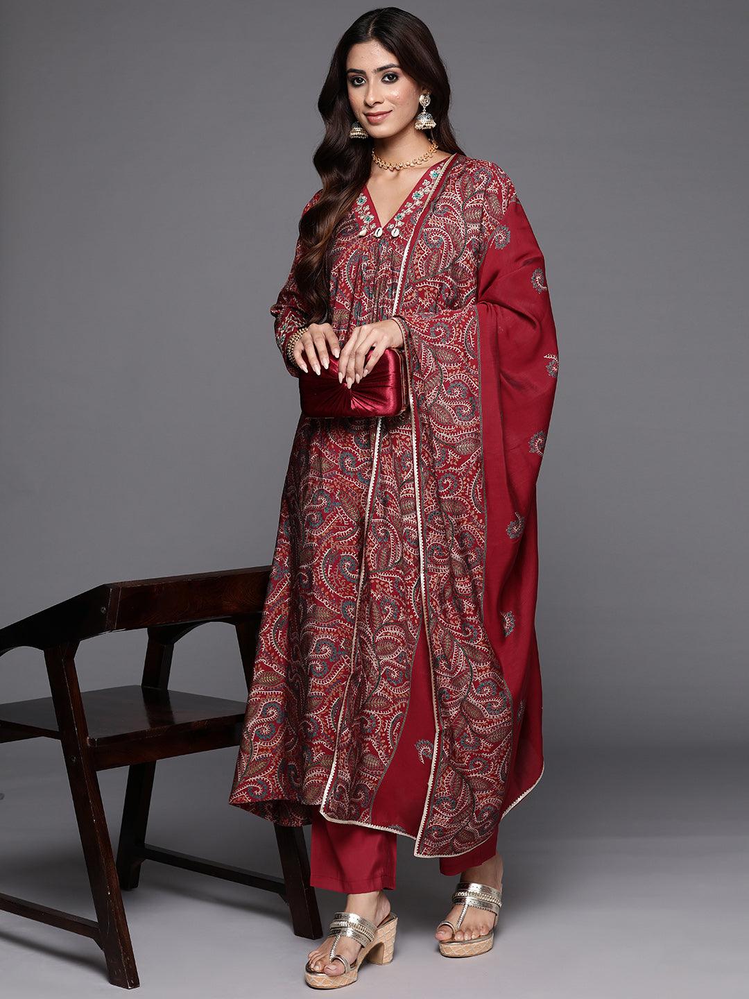 Red Printed Silk Blend A-Line Kurta With Trousers & Dupatta - Jashvi