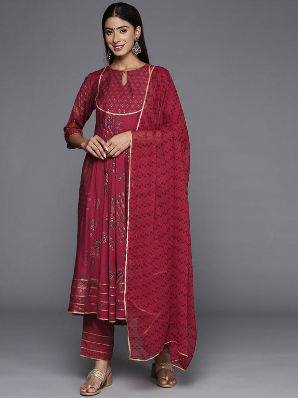 Red Printed Silk Blend Anarkali Kurta With Trousers & Dupatta - Jashvi