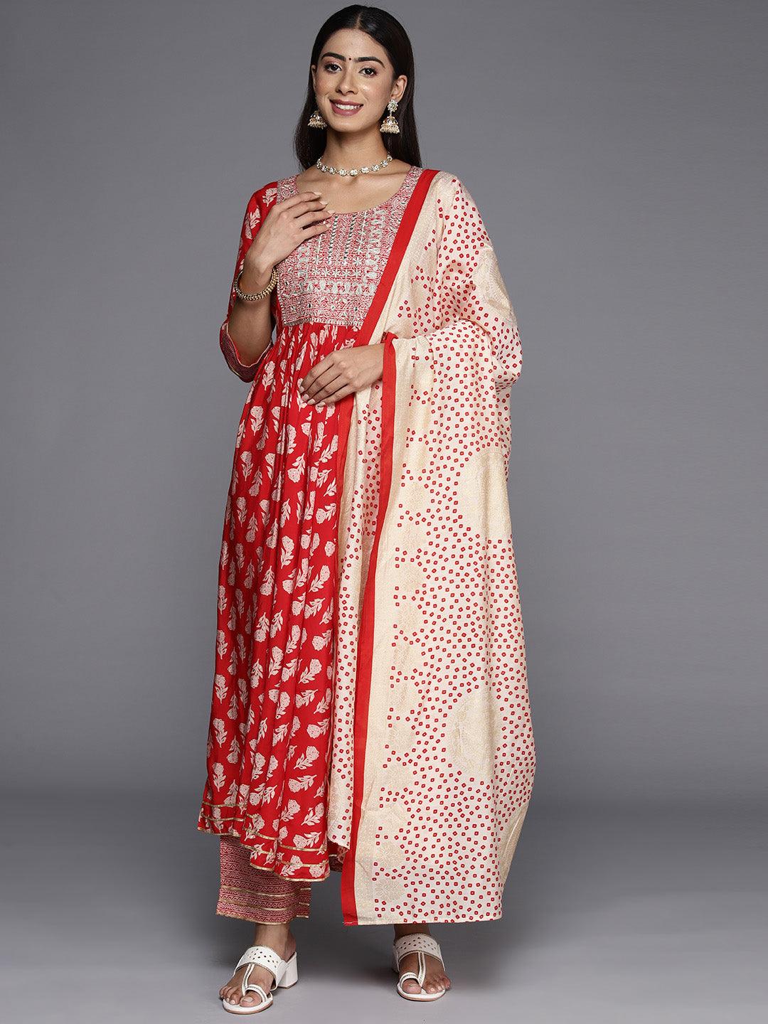 Red Printed Silk Blend Anarkali Kurta With Trousers & Dupatta - Jashvi