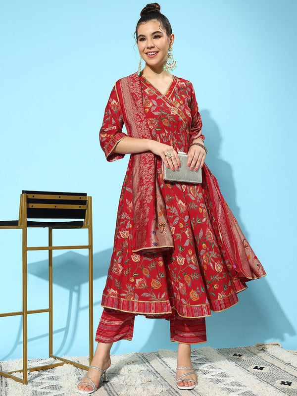 Red Printed Silk Blend Anarkali Kurta With Trousers & Dupatta - Jashvi