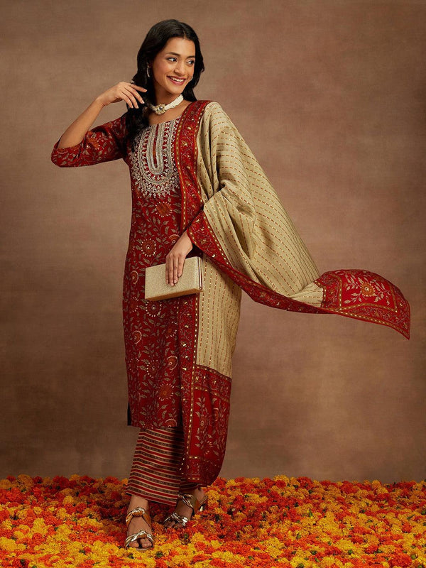 Red Printed Silk Blend Kurta With Trousers & Dupatta - Jashvi