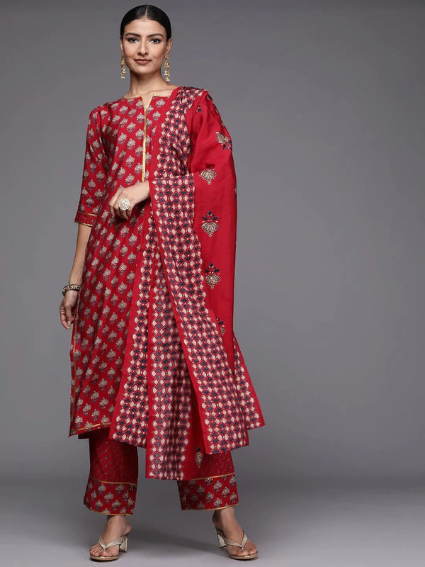 Red Printed Silk Blend Straight Suit Set - Jashvi