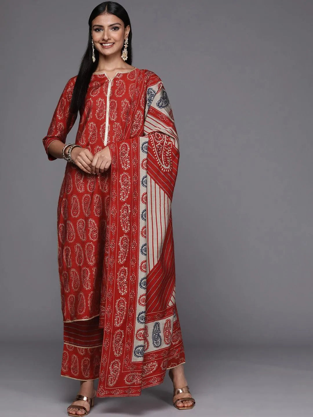 Red Printed Silk Blend Straight Suit Set - Jashvi