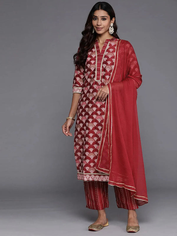 Red Printed Silk Blend Straight Suit Set With Trousers - Jashvi