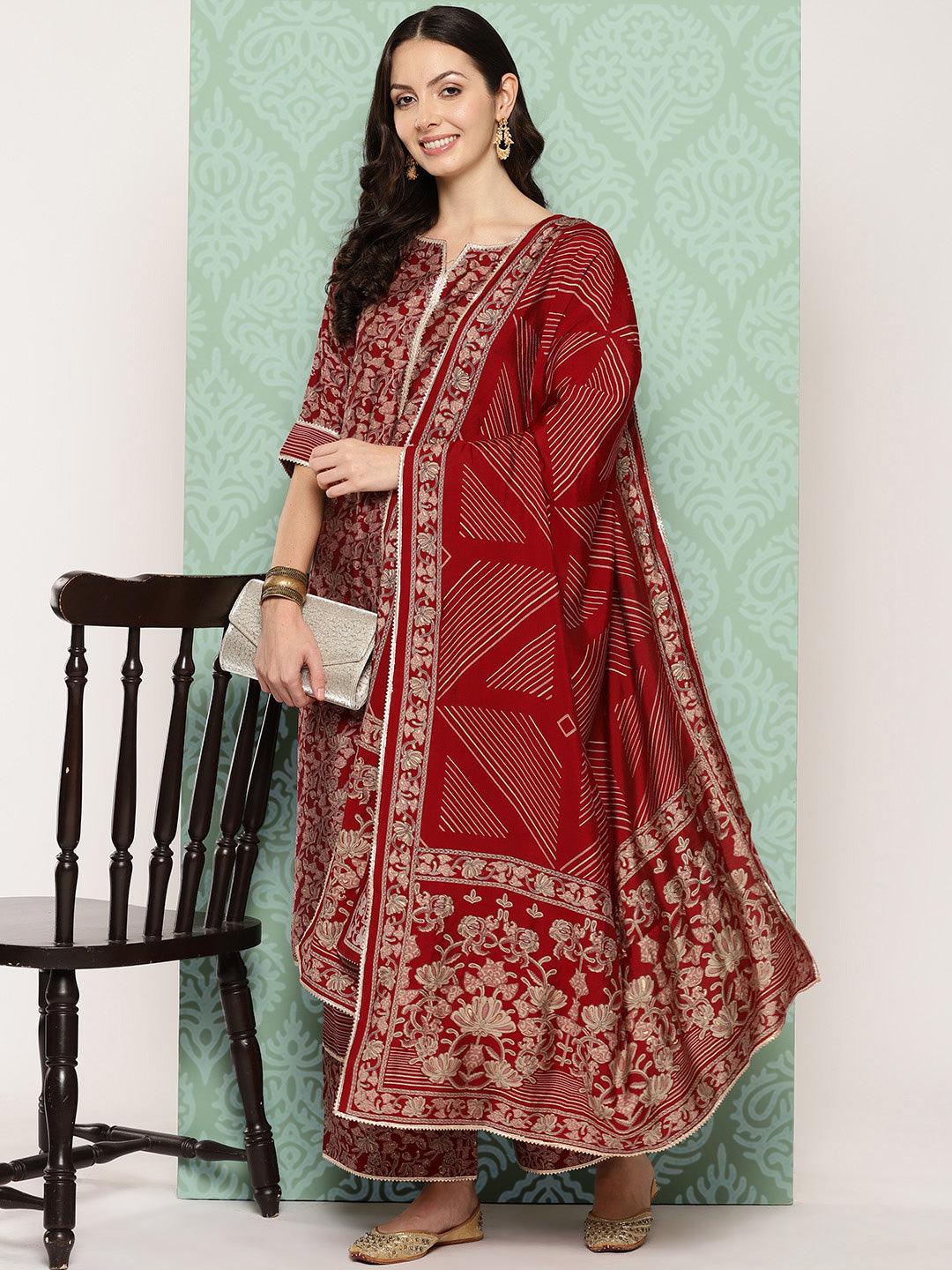 Red Printed Silk Blend Straight Kurta With Palazzos & Dupatta - Jashvi