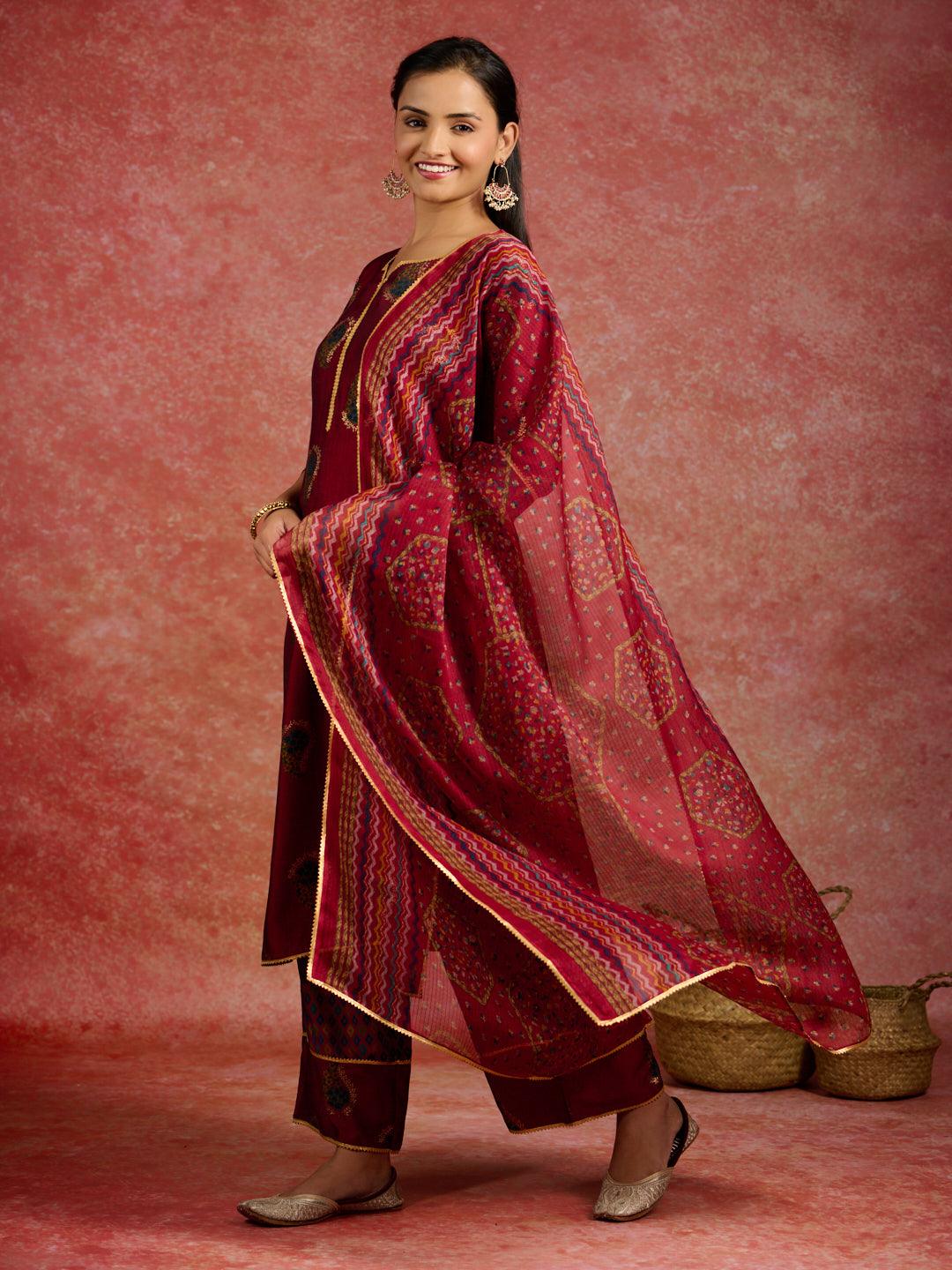 Red Printed Silk Blend Straight Kurta With Palazzos & Dupatta - Jashvi