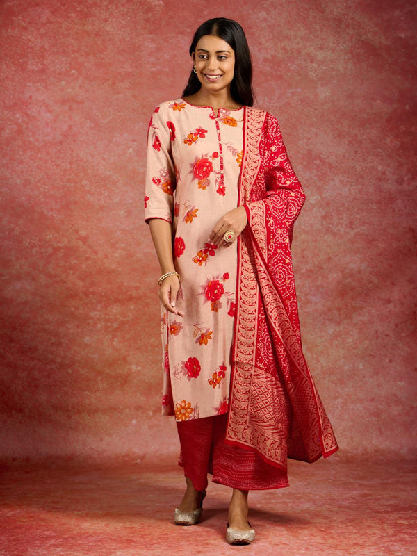 Red Printed Silk Blend Straight Kurta With Palazzos & Dupatta - Jashvi