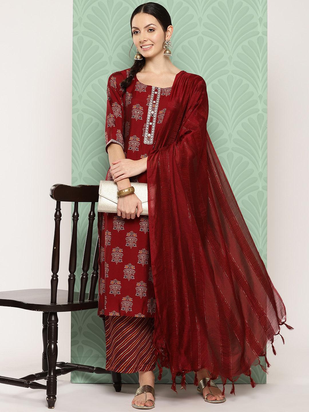 Red Printed Silk Blend Straight Kurta With Palazzos & Dupatta - Jashvi