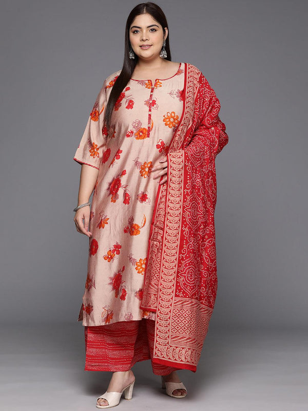 Red Printed Silk Blend Straight Kurta With Palazzos & Dupatta - Jashvi