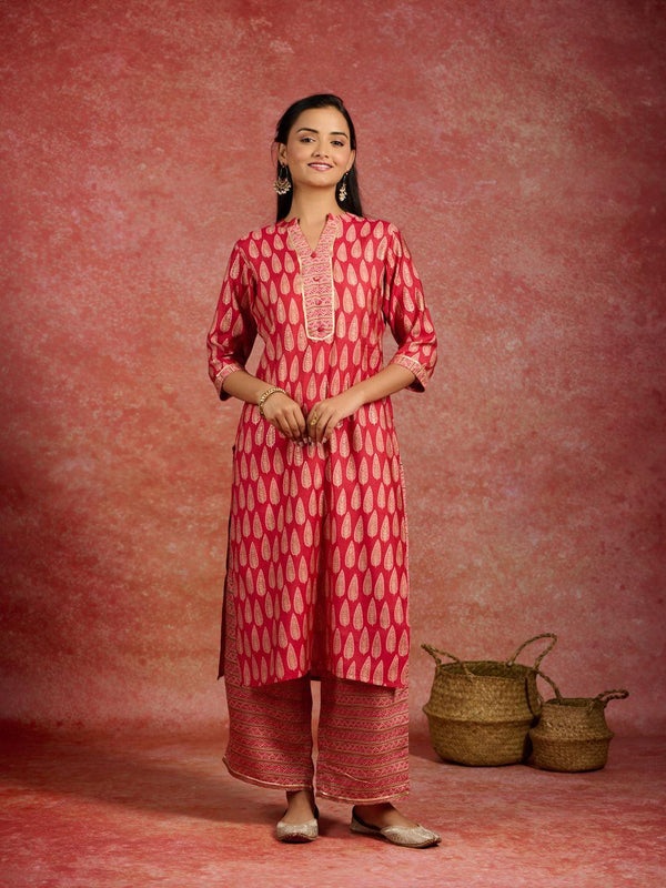 Red Printed Silk Blend Straight Kurta With Palazzos - Jashvi