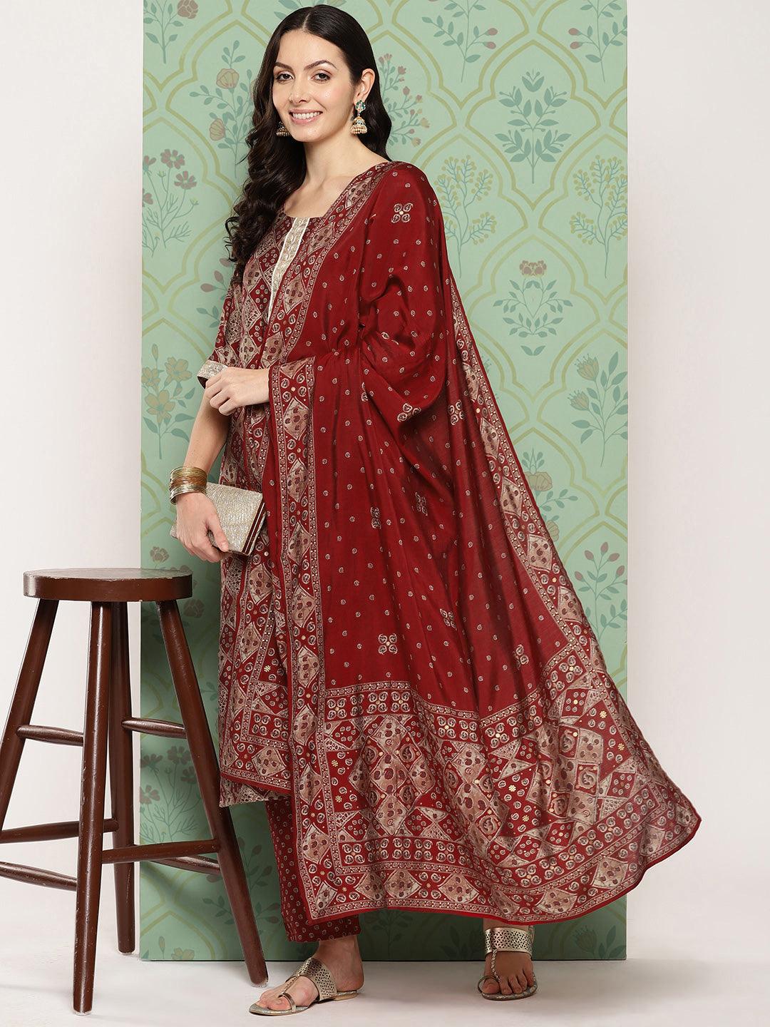 Red Printed Silk Blend Straight Kurta With Trousers & Dupatta - Jashvi