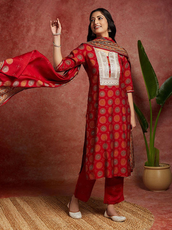 Red Printed Silk Blend Straight Kurta With Trousers & Dupatta - Jashvi