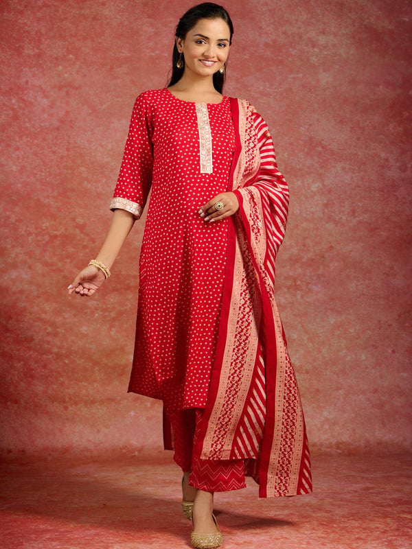 Red Printed Silk Blend Straight Kurta With Trousers & Dupatta - Jashvi