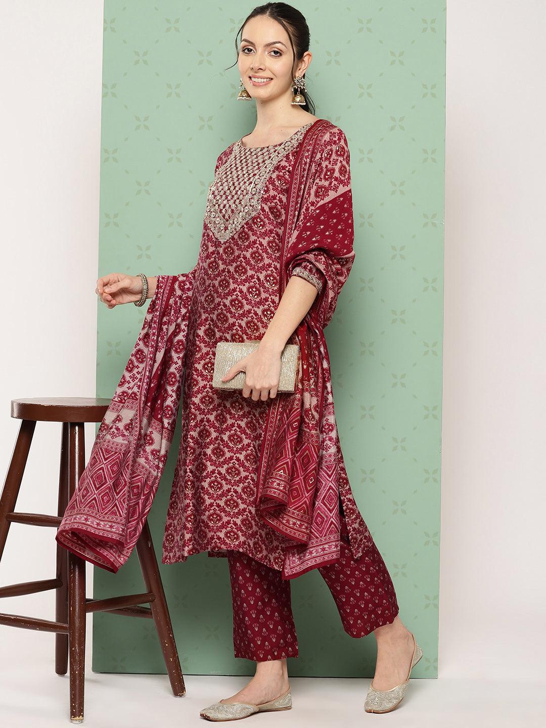 Red Printed Silk Blend Straight Kurta With Trousers & Dupatta - Jashvi