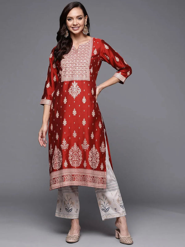 Red Printed Silk Straight Kurta - Jashvi