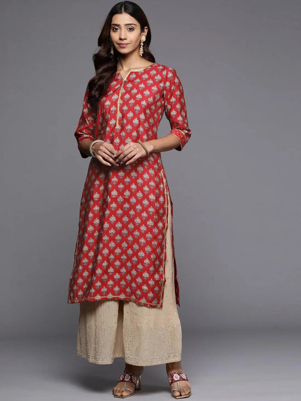 Red Printed Silk Straight Kurta - Jashvi