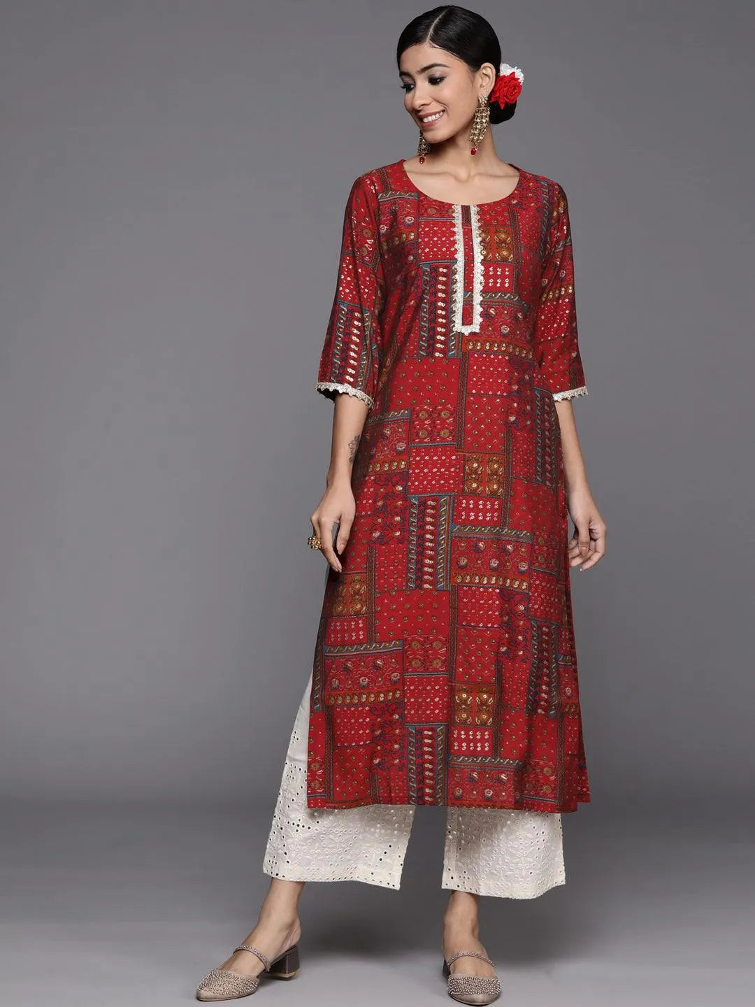 Red Printed Silk Straight Kurta - Jashvi