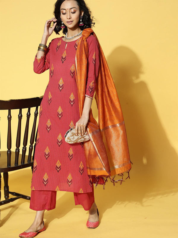 Women's Red Printed Straight Kurta Trouser With Dupatta Set - Odette