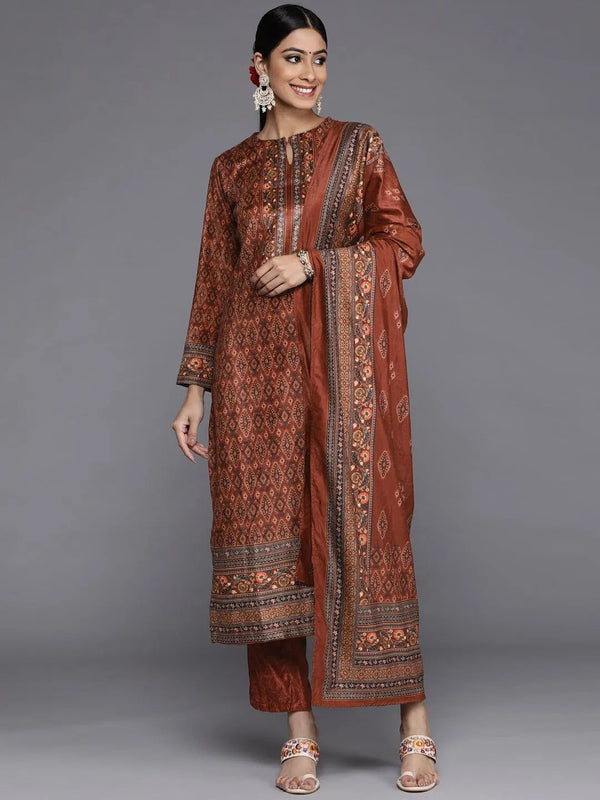 Red Printed Velvet Straight Suit Set With Trousers - Jashvi