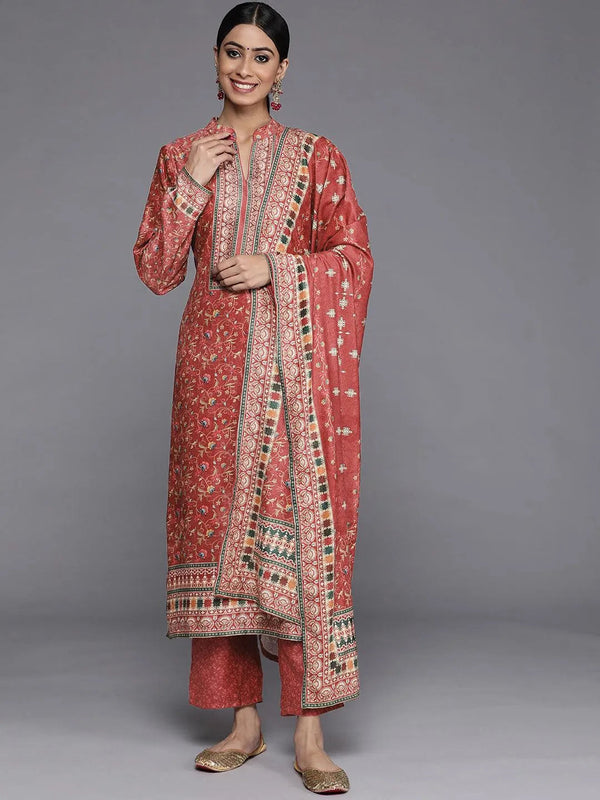 Red Printed Velvet Straight Suit Set With Trousers - Jashvi