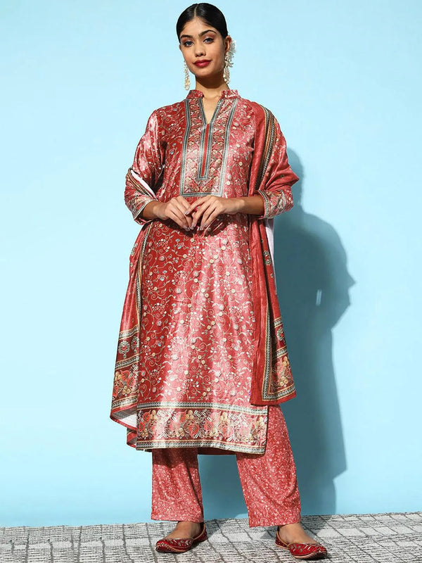 Red Printed Velvet Straight Suit Set - Jashvi