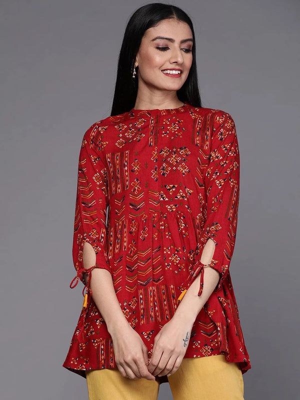 Red Printed Viscose Rayon Kurti - Jashvi