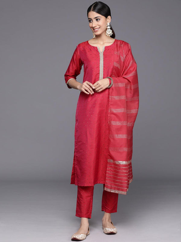 Red Self Design Art Silk Straight Kurta With Trousers & Dupatta - Jashvi