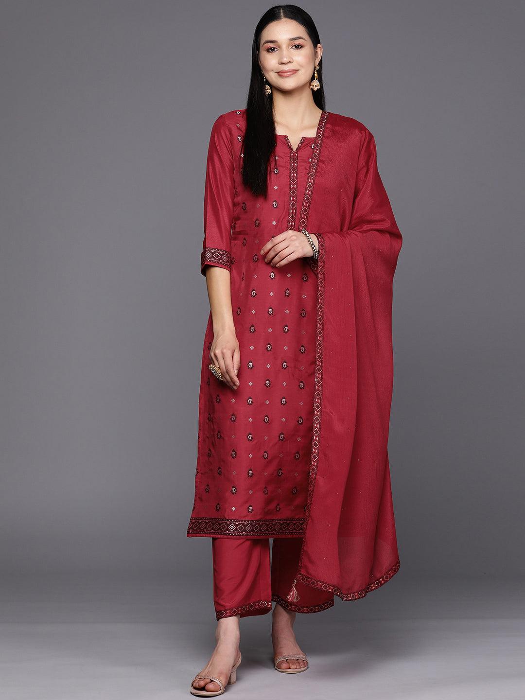 Red Self Design Silk Blend Straight Suit Set With Trousers - Jashvi