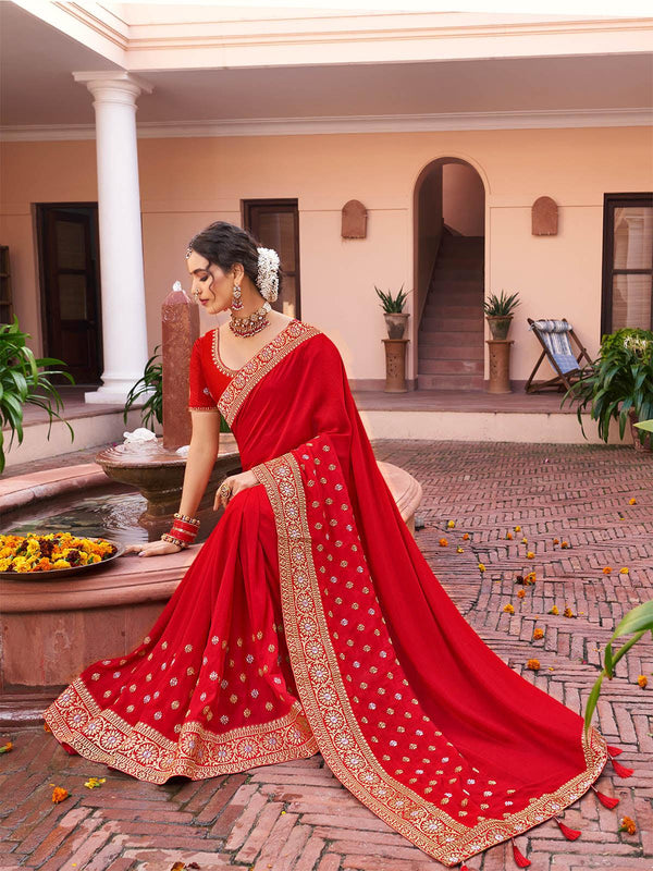 Women's Red Silk Blend Saree - Odette