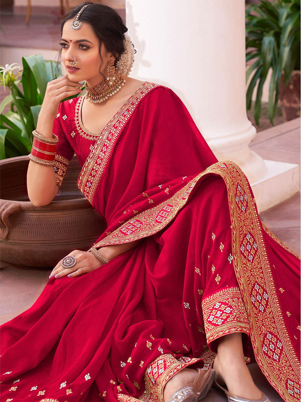 Women's Red Silk Blend Saree - Odette