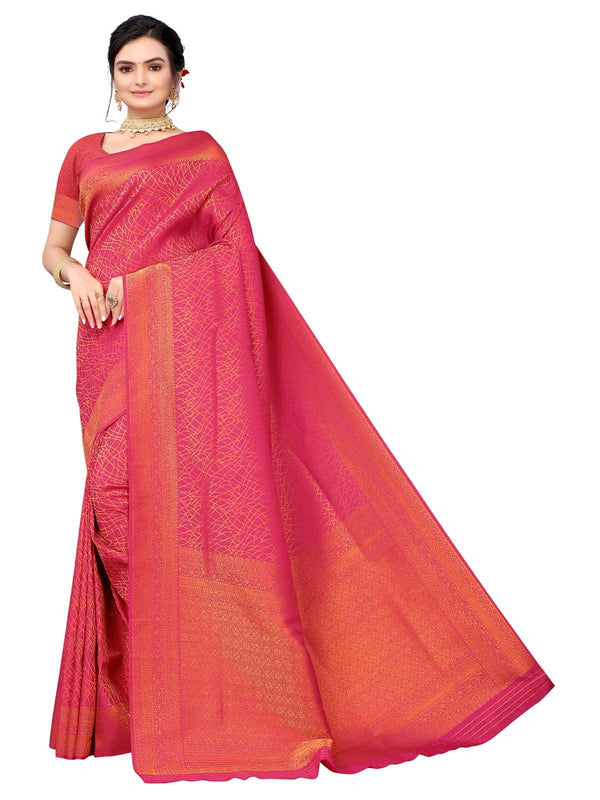 Women's Red Silk Blend Woven Saree With Blouse - Odette