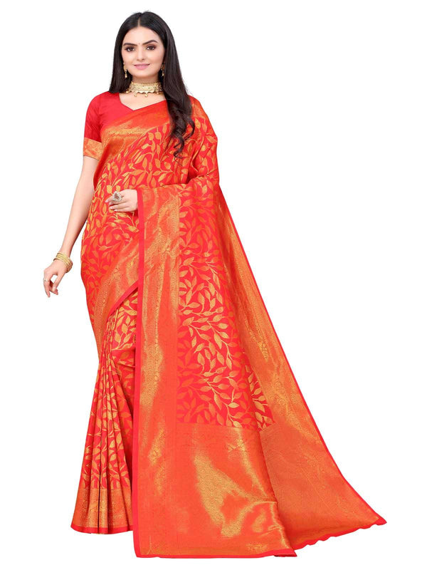 Women's Red Silk Blend Woven Saree With Blouse - Odette