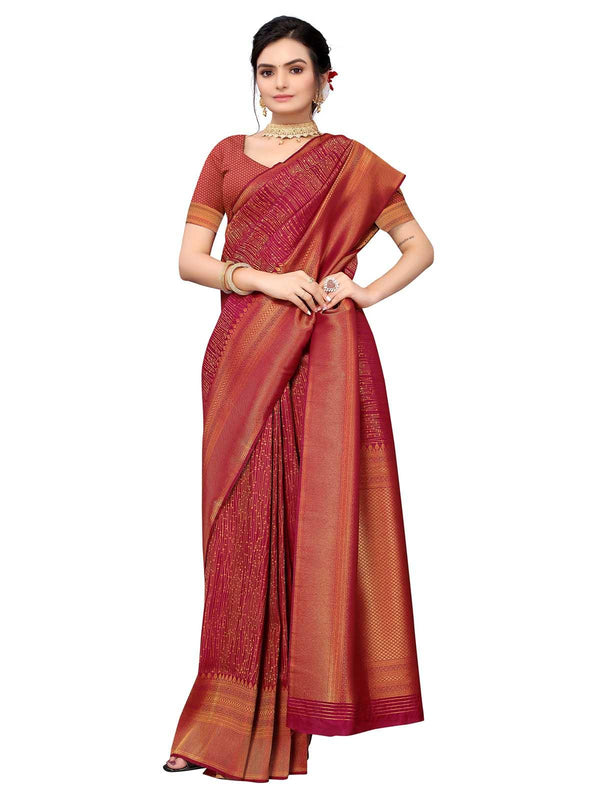 Women's Red Silk Blend Woven Saree With Blouse - Odette