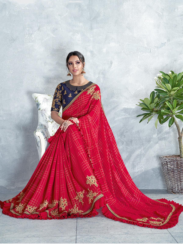 Women's Red Silk Georgette Designer Saree With Blouse - Odette