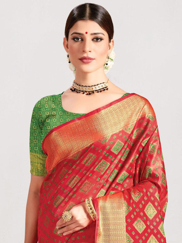 Women's Red Silk Heavy Jari Wevon Designer Saree - Odette