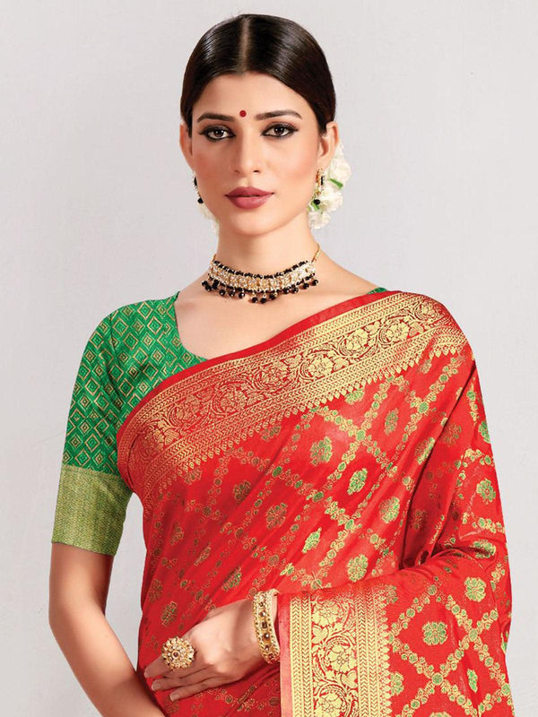 Women's Red Silk Heavy Jari Wevon Designer Saree - Odette